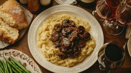 Gourmet mushroom dish with mashed potatoes, bread, and wine