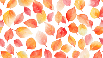 Seamless pattern of colorful watercolor autumn leaves falling on transparent background, perfect for seasonal designs
