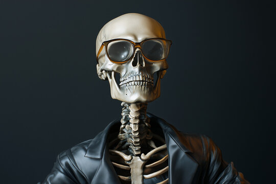 A strikingly detailed skeleton dons surgical attire complete with glasses, showcasing the fascinating intersection of medicine and morbid imagery for Halloween-themed art. Hyper-realistic