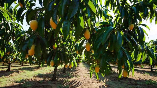 A lush mango orchard with rows of trees bearing ripe golden mangoes under bright sunlight, surrounded by green leaves and neatly cultivated soil, stretching into the distance