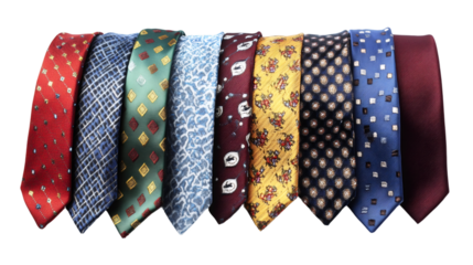Vibrant neckties displaying varied textures and patterns suspended against transparent background, highlighting professional fashion accessories