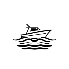 Black and White Boat Illustration: A sleek motorboat navigating waters, clean lines on white.