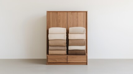 Wooden wardrobe with folded clothes