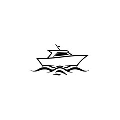Black and white vector illustration of a boat sailing on waves, with minimalist, clean style.