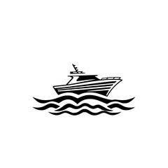 Boat silhouette over wavy waters, a minimalist black and white illustration of a motorboat in motion.