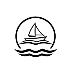 Black and white minimalist illustration of a sailboat sailing on stylized waves within a circle.
