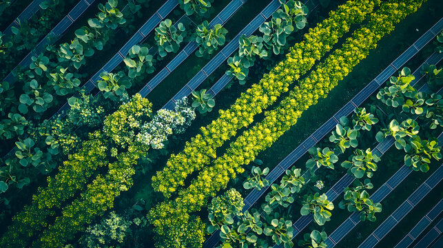 Aerial View of Agricultural Fields with Solar Panels