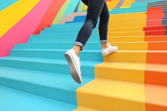 one step ahead: one step,  ahead, step ahead, young man Walking Up on Staircase, challenging Concept, Steps Forward into a Success. 
