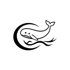 Whimsical minimalist illustration of a whale playfully cresting over stylized wave with minimalist lines, black on white.