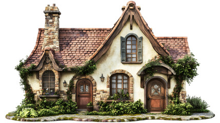 Charming fairytale cottage with climbing plants and a transparent background is perfect for any whimsical project