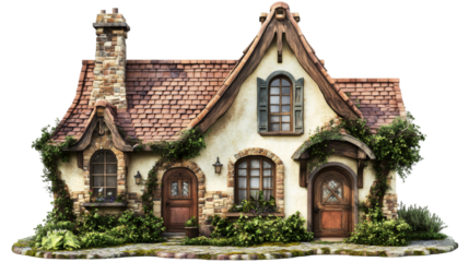 Charming fairytale cottage with climbing plants and a transparent background is perfect for any whimsical project