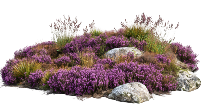 Purple heather blossoming amid rocky terrain, scattered ornamental grasses, transparent backdrop for precise image editing