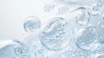 Liquid gel texture background, hyaluronic acid serum. Collagen beauty skin care product. Clear cosmetic cream with bubbles closeup, skin cleanser horizontal backdrop, Realistic 3d vector illustration