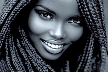 Commercial ad campaign concept art. Long haircut - braids hair. Gorgeous smiling black girl - for ads, print ad and internet use. African american advertising. Chic african beauty. Woman mode.