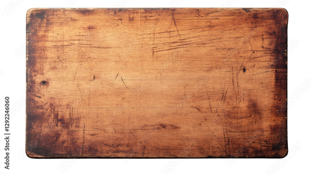 Poster grunge cutting board displaying knife scratches and stains, featuring a transparent background perfe