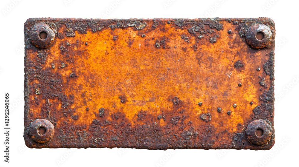 Poster old rusty metal plate with rivets isolated on transparent background, showing corrosion and decay, p