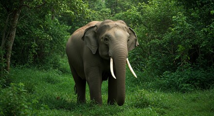 Obraz premium Elephant in lush green forest, conveying tranquility and strength, standing majestically among dense foliage