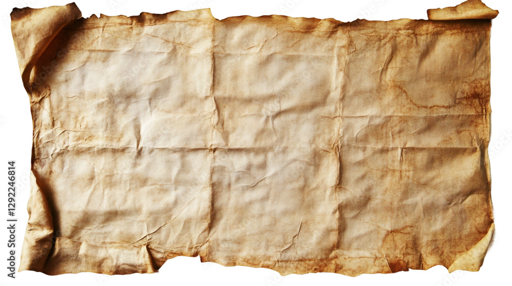 Poster folded and rolled old burnt paper sheet isolated on transparent background, stained and crumpled tex