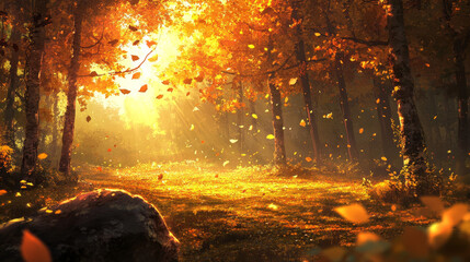 Fototapeta premium Autumn jungle forest landscape with magic sunlight beam. Mysterious fall vector illustration with sun light ray, liana on trees and glade. Tropical meadow with rock on ground and falling leaves.