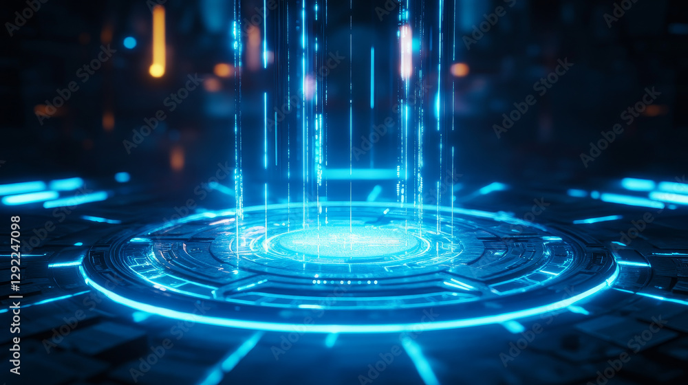 Poster futuristic hi tech portal with blue neon light glow effect for game ui design. realistic 3d vector i