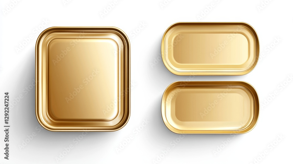 Poster golden tin can for sardine in top and perspective view. vector realistic mockup of rectangle metal c