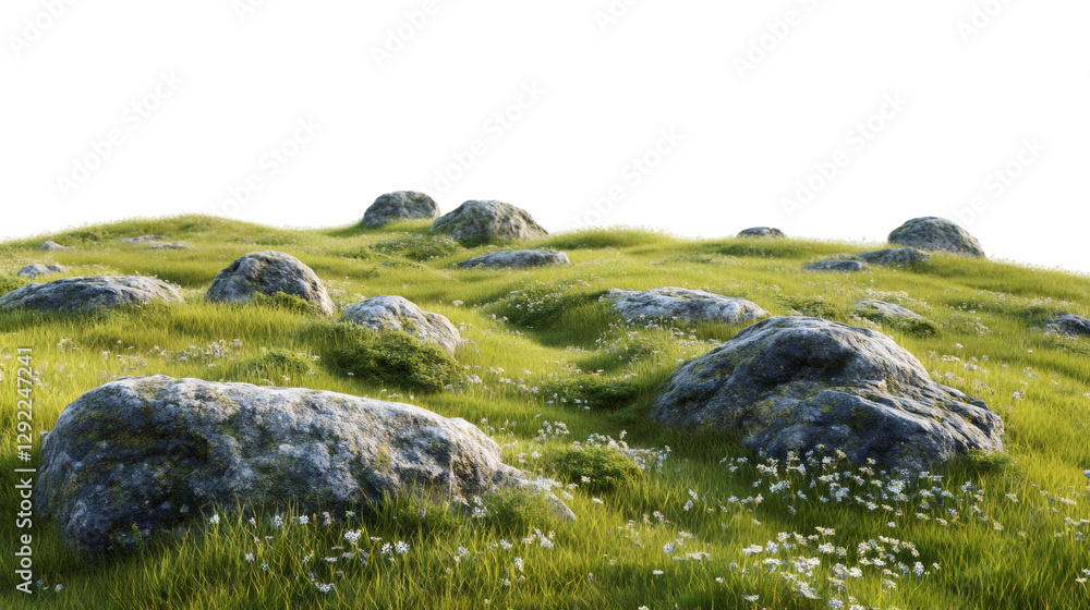 Poster Realistic 3D rendering of a idyllic green grass field with rocks and white flowers, isolated on transparent background
