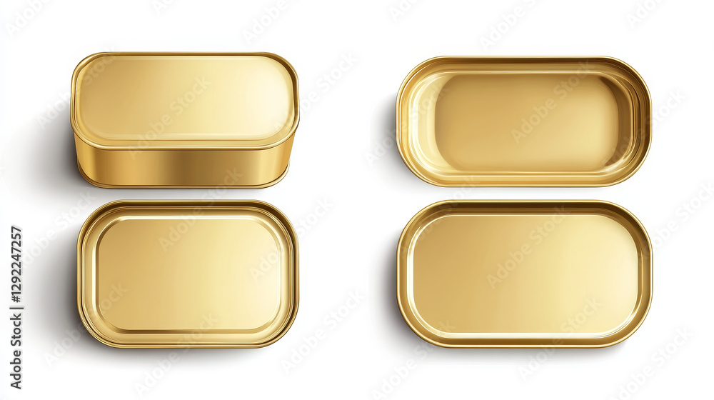 Poster golden tin can for sardine in top and perspective view. vector realistic mockup of rectangle metal c