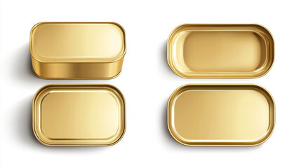 Golden tin can for sardine in top and perspective view. Vector realistic mockup of rectangle metal container for fish and tuna. Empty conserve box with open and closed lid isolated on white background