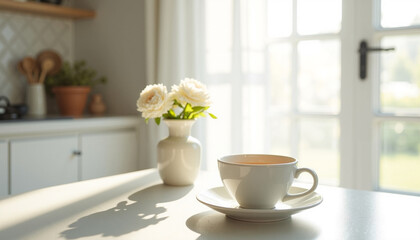 Cozy kitchen scene with coffee cup and flowers on table