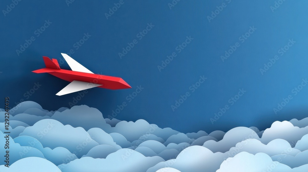Aufkleber Red paper airplane soaring through fluffy clouds against a blue sky in a serene and playful atmosphere. Generative AI