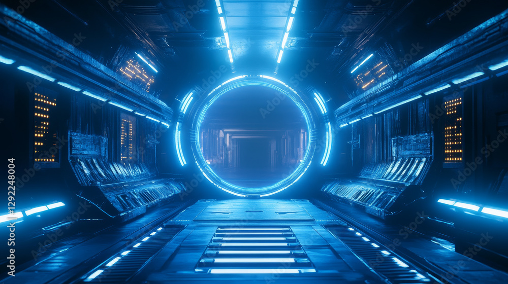 Poster futuristic hi tech portal with blue neon light glow effect for game ui design. realistic 3d vector i