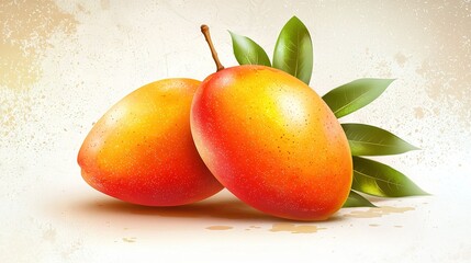   Two green mangos on white background with brown spot below