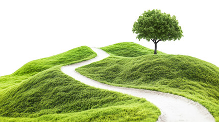 Winding white trail traversing verdant rolling landscape, leading to isolated tree, symbolizing environmental harmony and sustainable journey