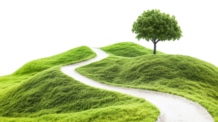Winding white trail traversing verdant rolling landscape, leading to isolated tree, symbolizing environmental harmony and sustainable journey