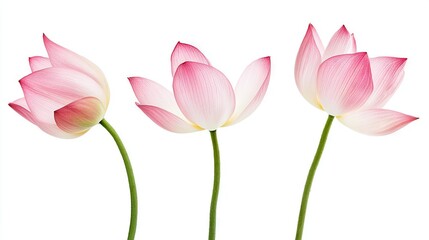 Fototapeta premium A trio of vibrant pink blossoms rests atop a pristine white background, their verdant stems contrasting brilliantly