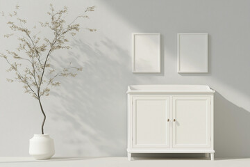 Elegant Interior with Frames and Cabinet: A minimalist interior scene featuring a cabinet, empty frames, and a decorative plant. Capturing the essence of simplicity, and natural light.