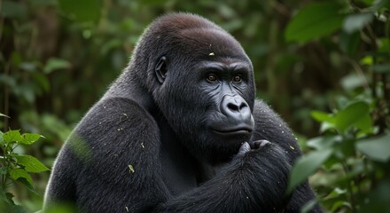 Fototapeta premium Gorilla in lush green foliage exhibiting a tranquil expression while thoughtfully observing its surroundings