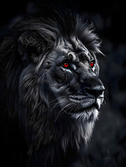 Majestic Black Lion with Fiery Red Eyes: A Dark Portrait