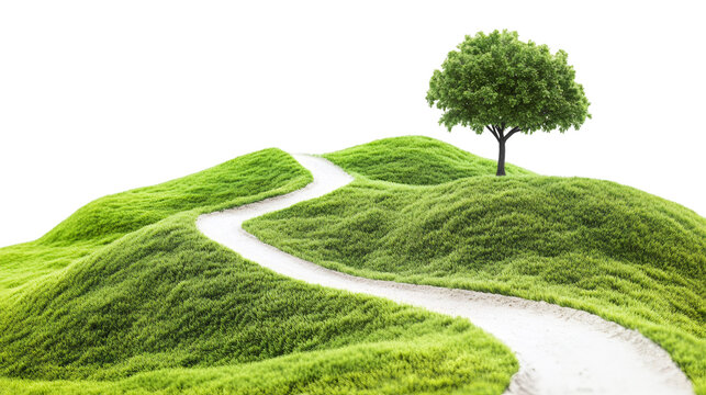 Winding white trail traversing verdant rolling landscape, leading to isolated tree, symbolizing environmental harmony and sustainable journey