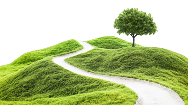 Winding white trail traversing verdant rolling landscape, leading to isolated tree, symbolizing environmental harmony and sustainable journey