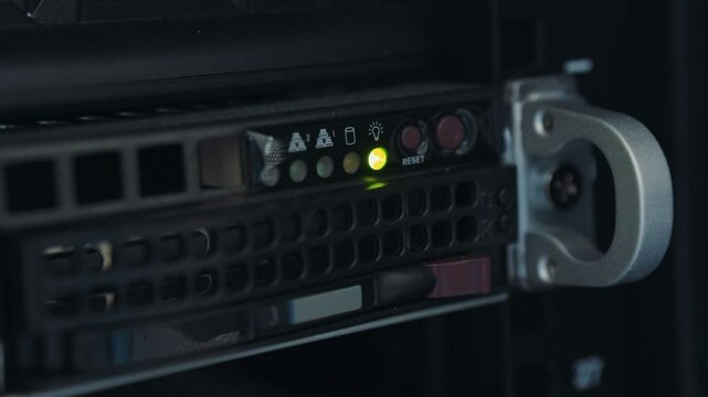 Technical engineer administrator electronic concept: moving from shot server equipment localhost mining farm bitcoin cables switches ethernet internet port lights diodes bridges local network sharing