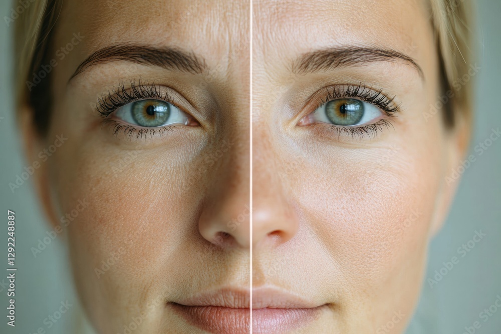 Poster Close up comparison of a womans face showcasing drawn lines on one side and smooth skin on the other. Generative AI