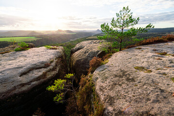 Sonnenuntergang im Gebirge Sächsische Schweiz Nationalpark in Sachsen Deutschland