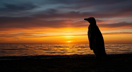 Penguin silhouetted against a vibrant sunset by the ocean conveying tranquility and solitude while standing on the sandy beach