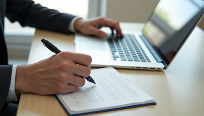 Professional writing with laptop on wooden desk