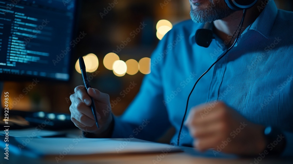 Poster man coding late, night office, bokeh background, software development