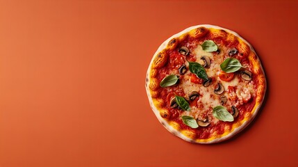 Delicious mushroom and tomato pizza on a rustic orange background. A perfect Italian-style meal.