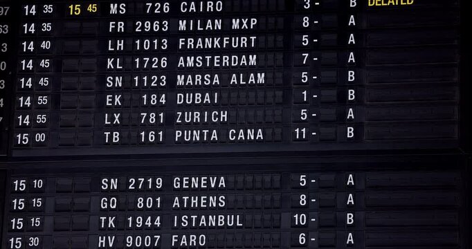 Airport navigational board display flight departure or arrival of various travel destinations and information punta cana, dubai, athens, zurich, geneva, amsterdam. frankfurt, milan, cairo, istanbul