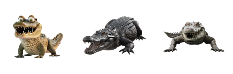 Three crocodile characters show varied styles and expressions with unique natural textures