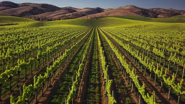 A wide panoramic view of a vibrant vineyard in late spring, with fresh green leaves, neatly aligned rows of vines, and rolling hills in the background.  
